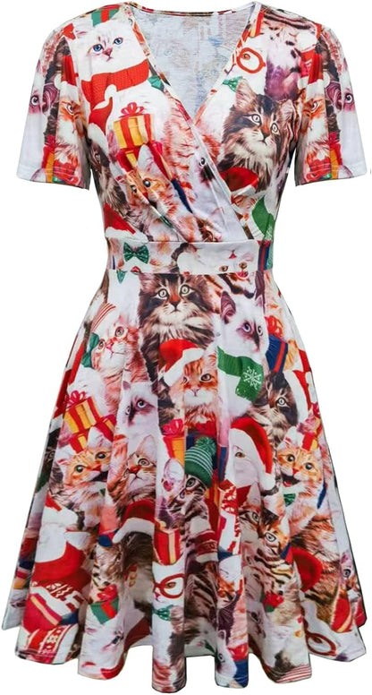 Zshujun 1920S Elegant Women'S Deep V-Neck Short Sleeve Casual Party Dresses Puffy Swing Vintage Dress for Women A8343 White 1 / Small