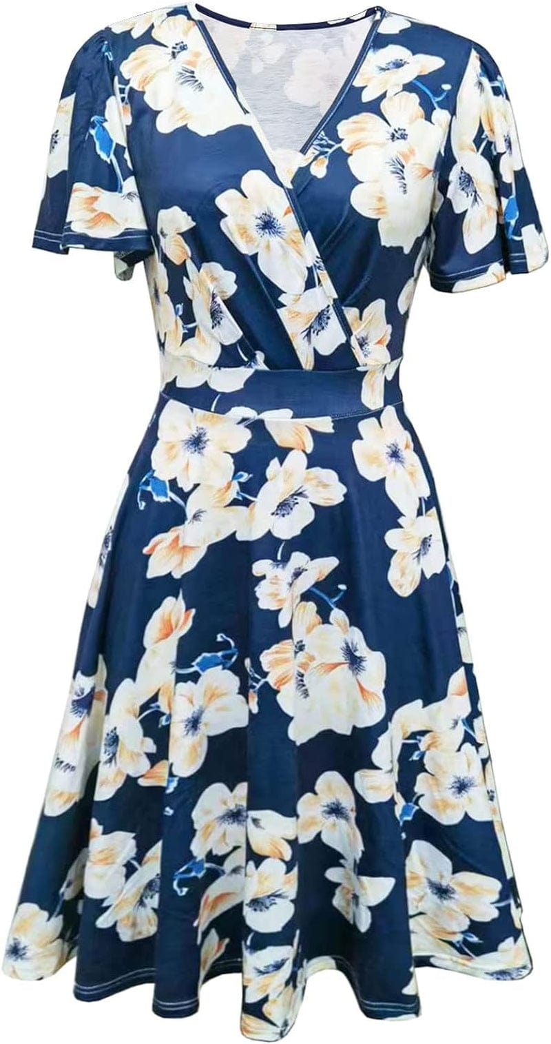 Zshujun 1920S Elegant Women'S Deep V-Neck Short Sleeve Casual Party Dresses Puffy Swing Vintage Dress for Women A8343 Blue 1 / Small