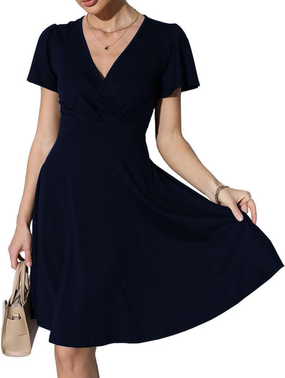 Zshujun 1920S Elegant Women'S Deep V-Neck Short Sleeve Casual Party Dresses Puffy Swing Vintage Dress for Women A8343 Dark Blue / Large