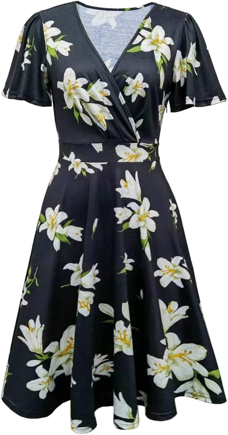 Zshujun 1920S Elegant Women'S Deep V-Neck Short Sleeve Casual Party Dresses Puffy Swing Vintage Dress for Women A8343 Black 1 / Small