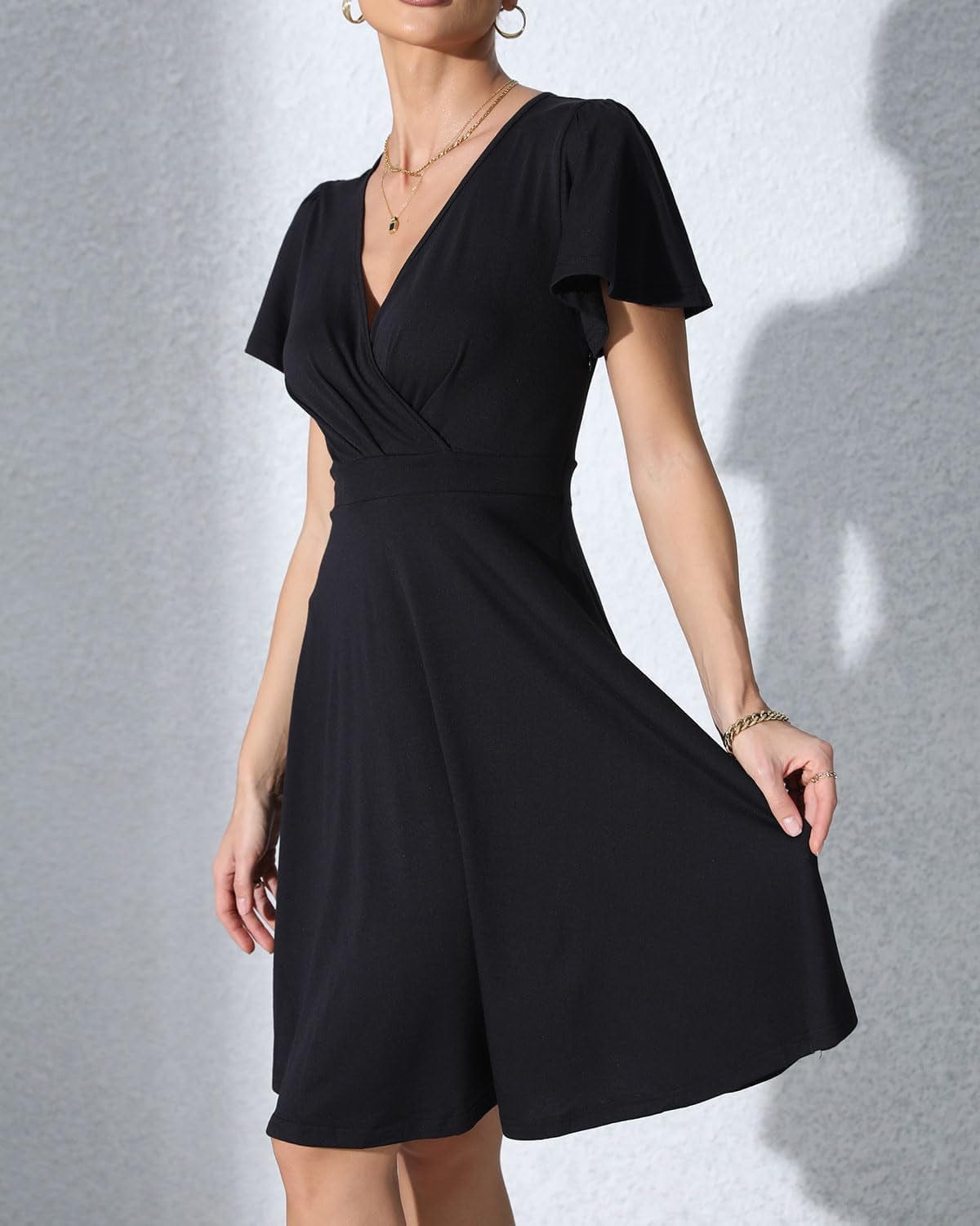 Zshujun 1920S Elegant Women'S Deep V-Neck Short Sleeve Casual Party Dresses Puffy Swing Vintage Dress for Women A8343