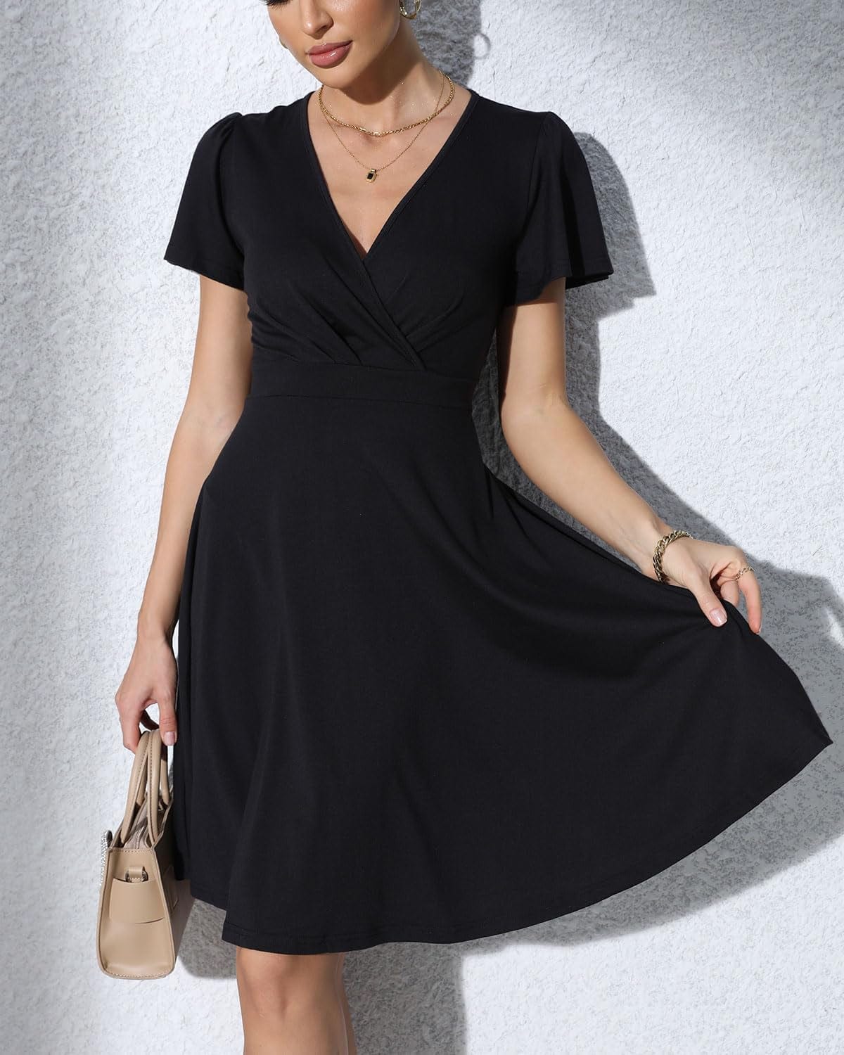 Zshujun 1920S Elegant Women'S Deep V-Neck Short Sleeve Casual Party Dresses Puffy Swing Vintage Dress for Women A8343