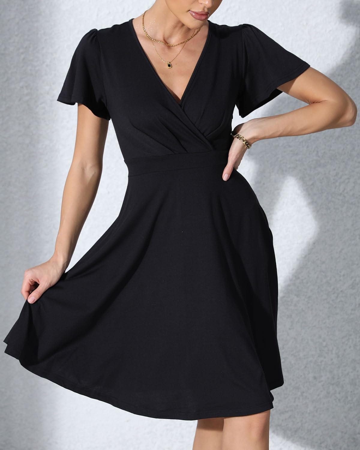 Zshujun 1920S Elegant Women'S Deep V-Neck Short Sleeve Casual Party Dresses Puffy Swing Vintage Dress for Women A8343