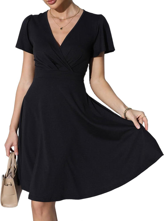 Zshujun 1920S Elegant Women'S Deep V-Neck Short Sleeve Casual Party Dresses Puffy Swing Vintage Dress for Women A8343